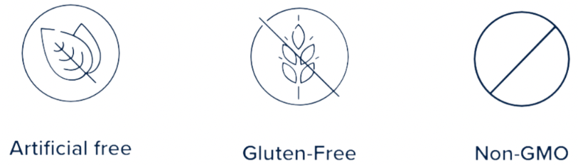 icons showing non-gmo, gluten free and free of artifical products